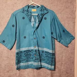 Vintage Made in Hawaii Shirt Men's Medium Teal Blue 1960's  Peacocks 2 Pockets